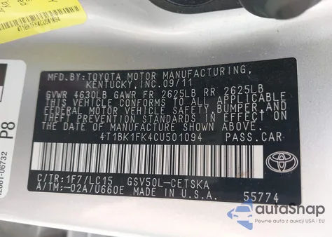 2012 Toyota Camry Se V6 z USA, uszkodzony, nr VIN 4T1BK1FK4CU501094